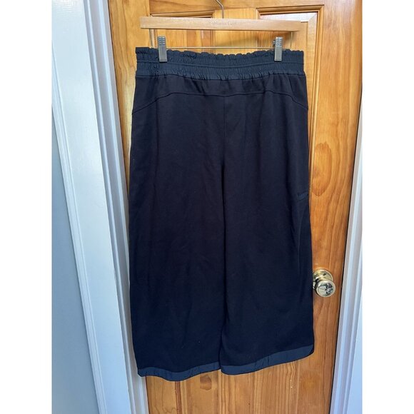Athleta Hybrid Cropped MED Wide Leg Fleece Lined Pants Black Elastic Waist - Picture 3 of 8